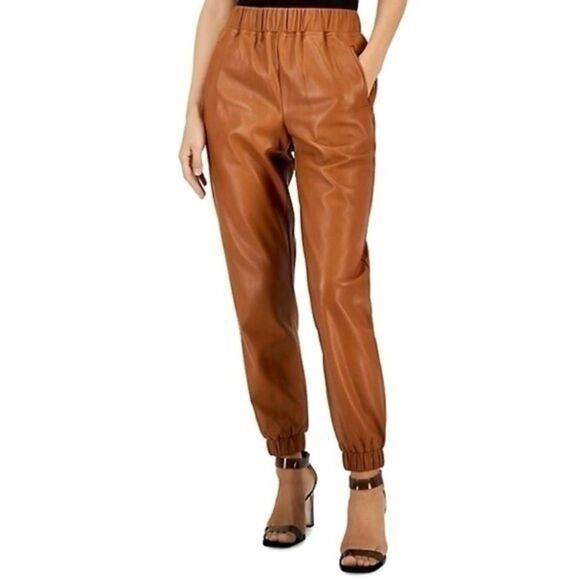 INC Women's NWT Cinnamon Brown Vegan Leather Tapered Jogger Pull On Pants XL - Picture 2 of 6